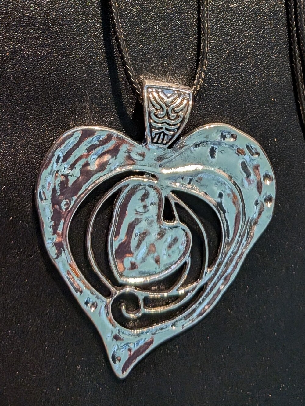 Silver Tone Hammered Heart Shaped Necklace